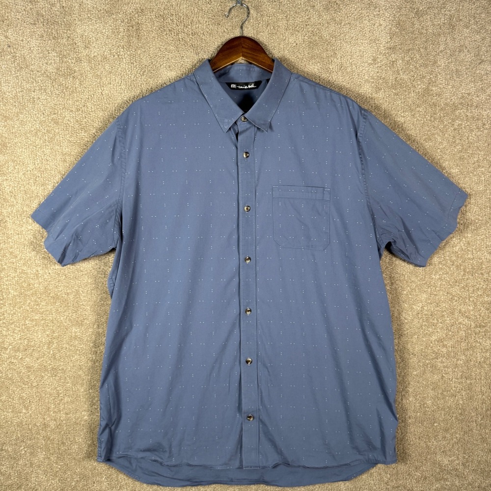 Travis Mathew‎ Button Down Shirt Mens XXL Blue Short Sleeve Micro Dot Stretch